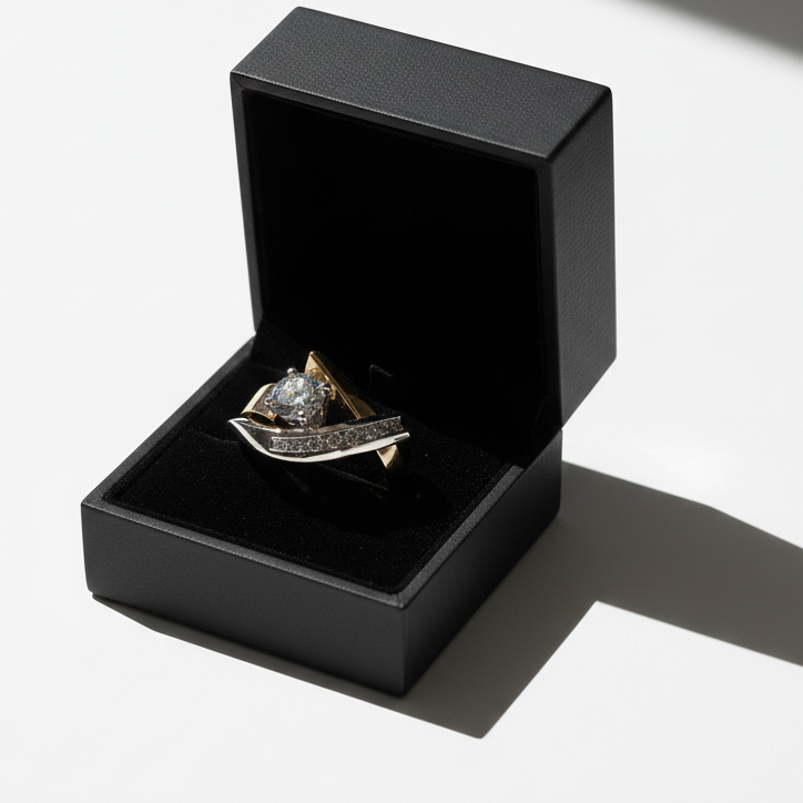 Vintage zlatý a stříbrný prsten s nepravidelným tvarem a zirkonem