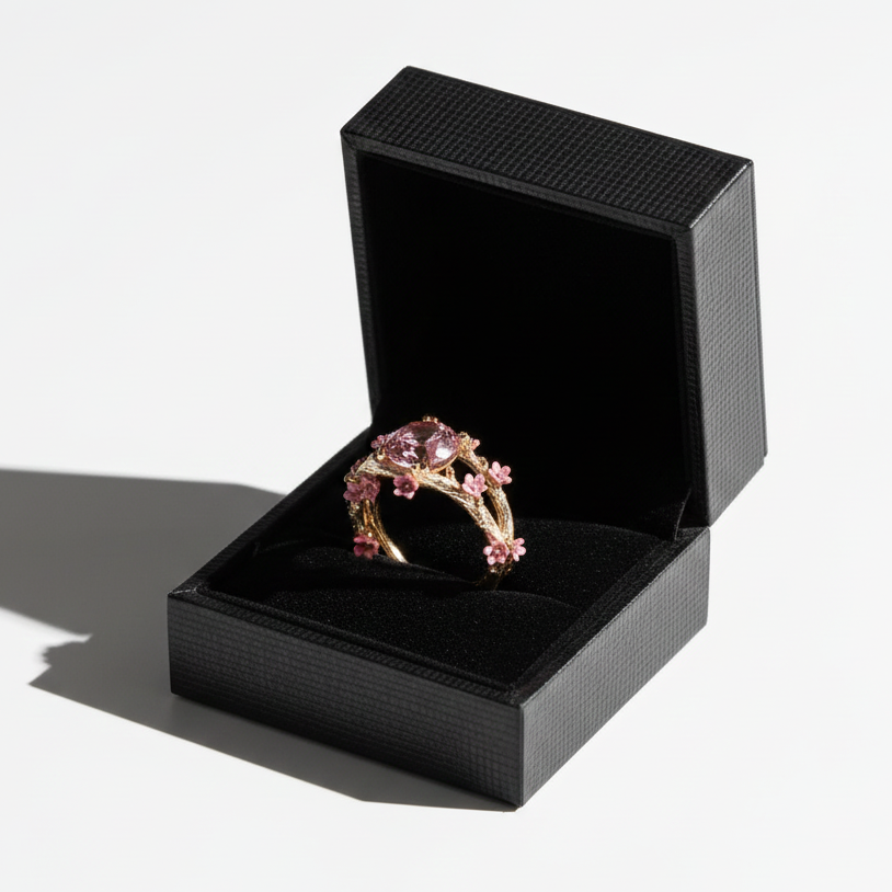 Zlatý prsten s růžovým krystalem a malými kvítky